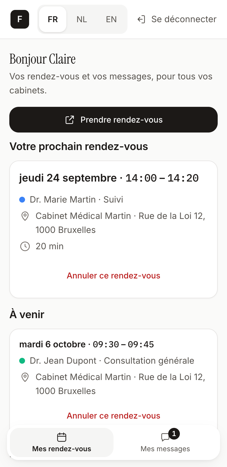 Espace patient sur téléphone : bouton « Prendre rendez-vous », prochain rendez-vous avec l'heure de fin, l'adresse du cabinet et le lien pour l'annuler.
